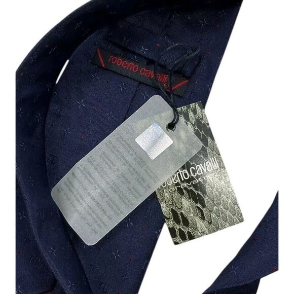 NWT ROBERTO CAVALLI Men's Silk Tie LUXURY Navy Geometric Monogram Logo W:3.7" - Picture 4 of 6